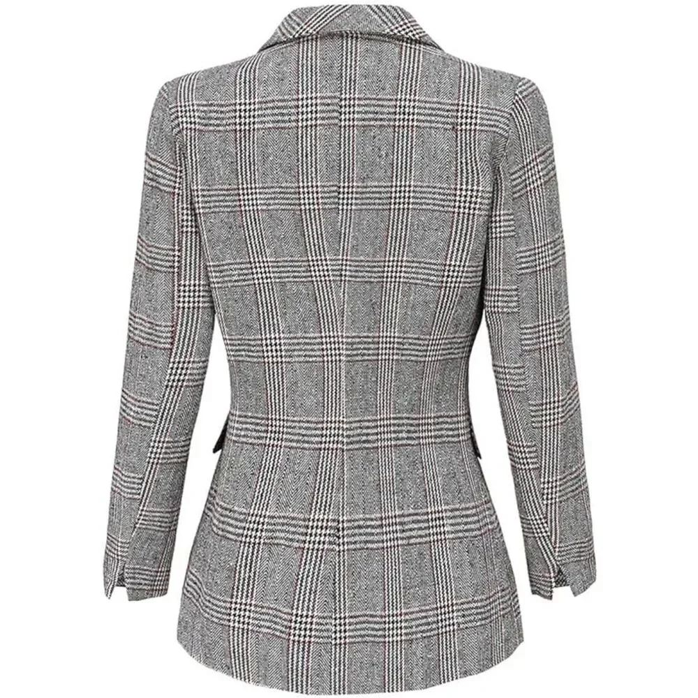 ebossy Women's Houndstooth Plaid Boyfriend Blazer - Notch Lapel Suit Coat - XS - Picture 2 of 5